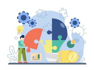 Business solution with Character Collect Light Bulb Puzzle Pieces. Problem Solving, Share Ideas, Creative idea, Find solutions. Graphic design for landing page, web, mobile apps, banner, template